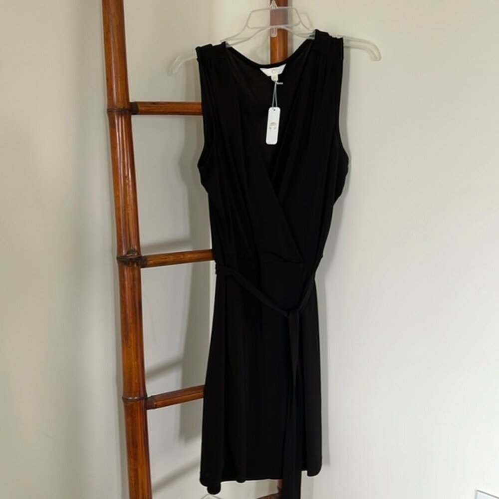 NWT black sleeveless dress, v’s down in the front, has a removable tie